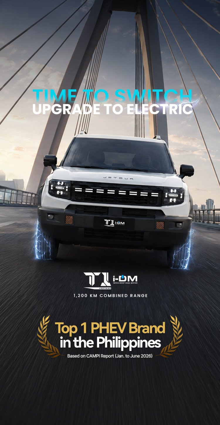 Jetour T2 i-DM, T1 i-DM, and X70 i-DM electric SUVs driving across a bridge, highlighting up to 1,200 km combined range.